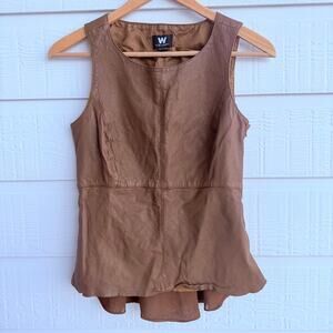 W by Worth Brown Leather Peplum Top Size 8 Quiet Luxury